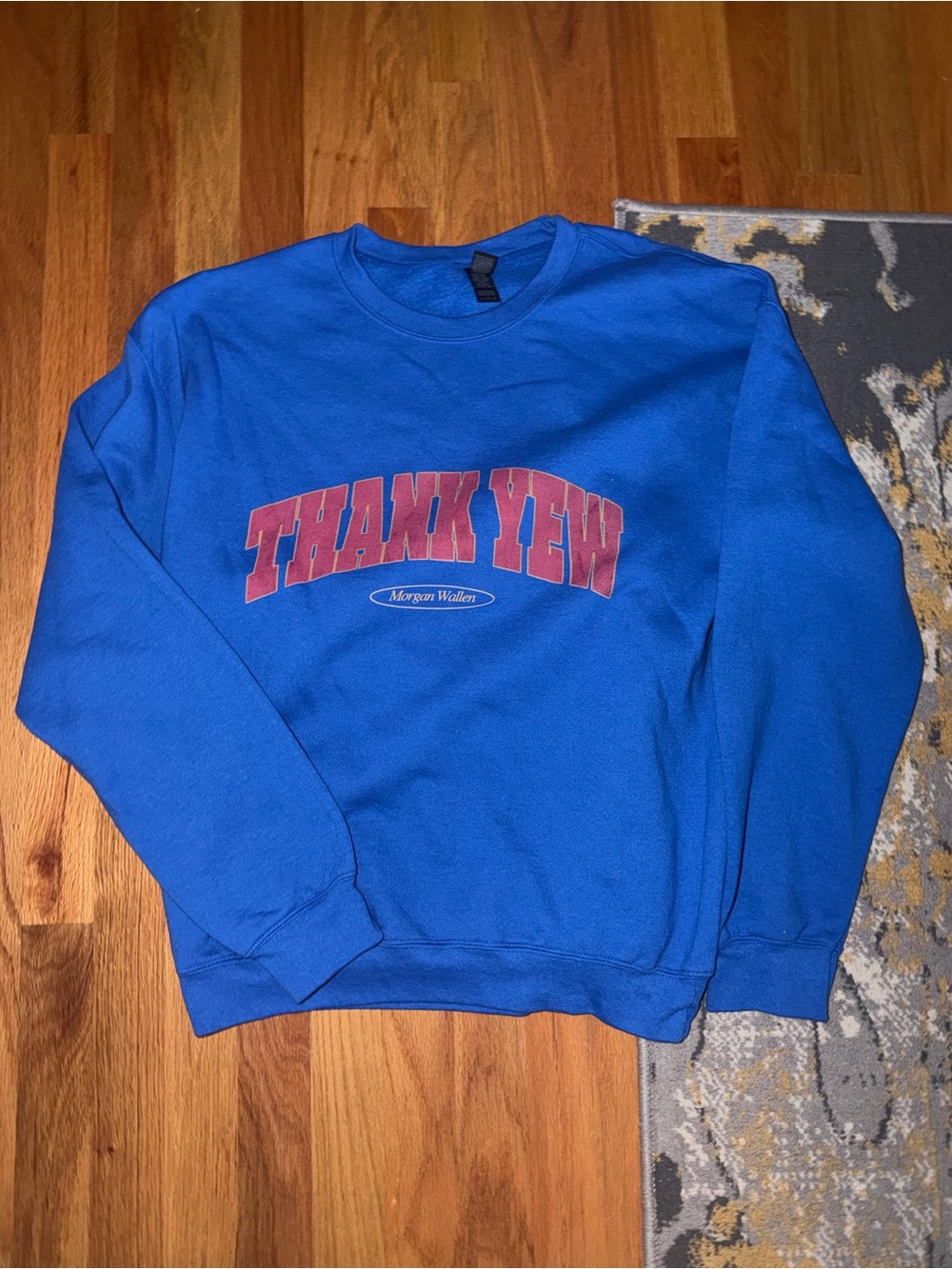 Morgan Wallwn Blue Crewneck Sweatshirt with Red 'THANK YEW' Graphic